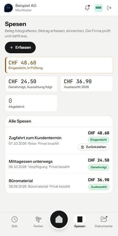 Mitarbeiter-App: eingereichte, genehmigte und ausbezahlte Spesen